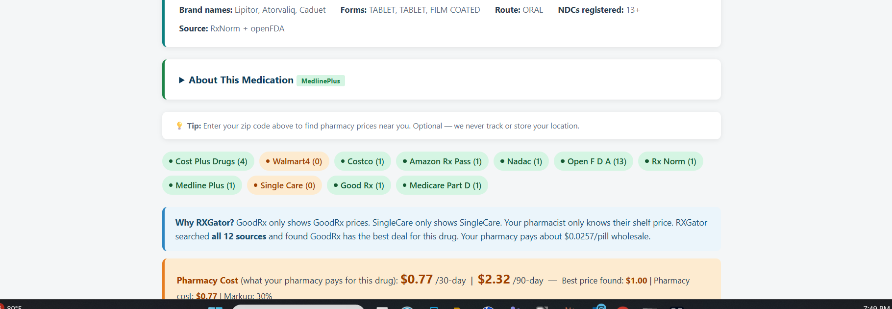 RXGator search results showing prescription drug prices from 18 sources